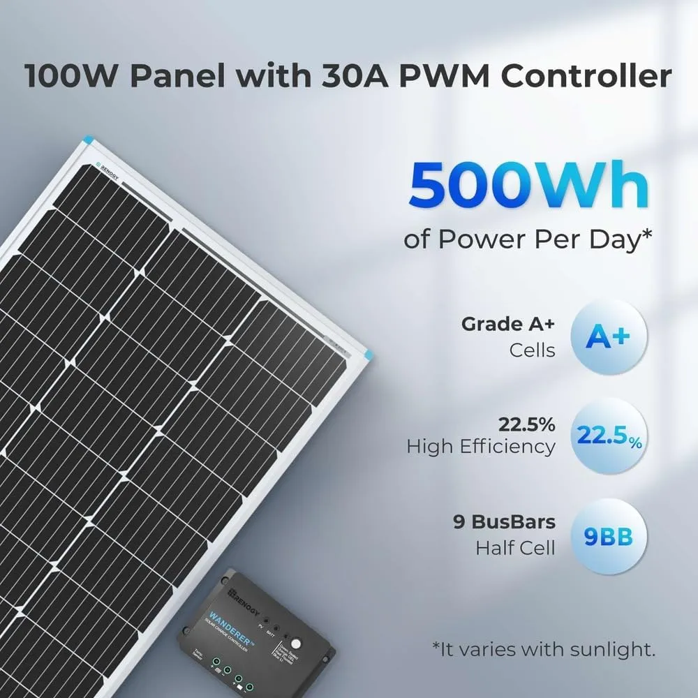 Renogy 100W 12V Solar Panel Starter Kit, 100 Watt Monocrystalline Solar Panel, 30A LCD PWM Charger Controller, Adaptor Kit, Tray Cables, Z Brackets for RV, Camper, and Other Off Grid Applications