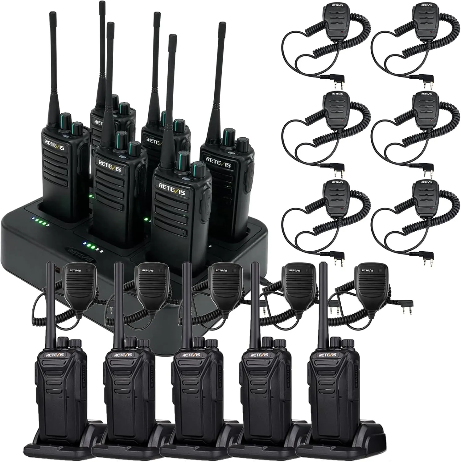 Retevis RT27 Walkie Talkies 5 Pack and RB29 2 Way Radios 6 Pack,Two Way Radio with Shoulder Mic,with 6 Way Multi Gang Charger,Rugged 2 Way Radios for Construction Site Workshop Logistics Business