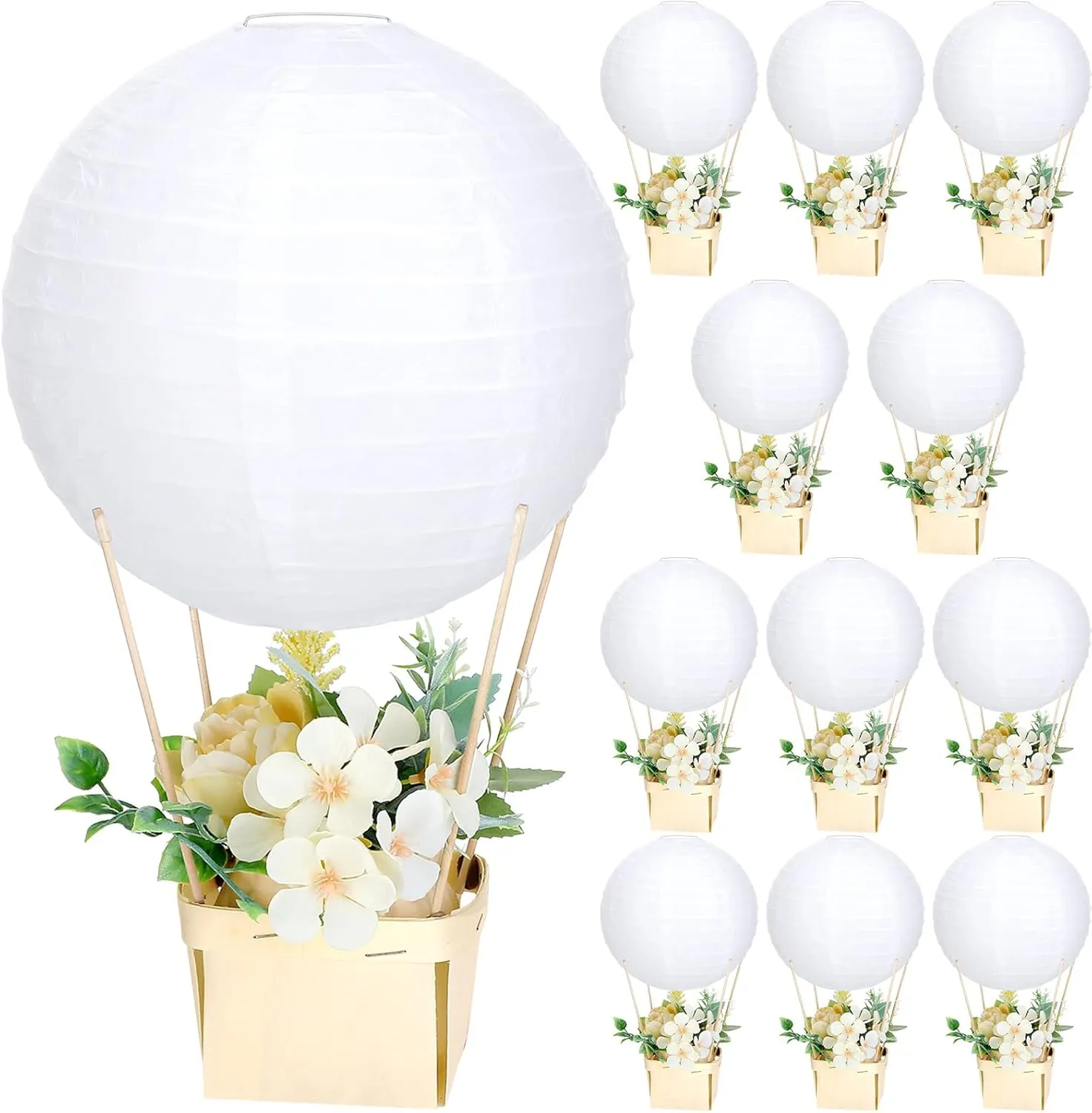 Retisee 12 Sets Baby Shower Hot Air Balloon Table Centerpieces 10 Inch Large DIY Paper Lanterns Gender Reveal Decorations for Wedding Birthday Party Favors Decor with Wooden Baskets Sticks(White)