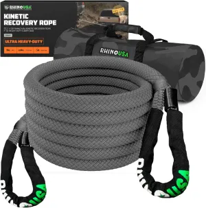 Rhino USA Kinetic Recovery Tow Rope Heavy Duty Offroad Snatch Strap for UTV, ATV, Truck, Car, Tractor - Ultimate Elastic Straps Towing Gear - Backed for Life! (1" x 30' Gray)