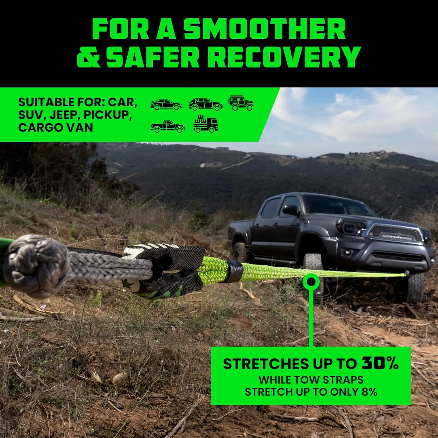 Rhino USA Kinetic Rope Recovery Kit (7/8in x 30ft) - Heavy Duty Offroad Snatch Strap - Includes 2 Soft Shackle for UTV, ATV, Truck, Car, Jeep, Tractor