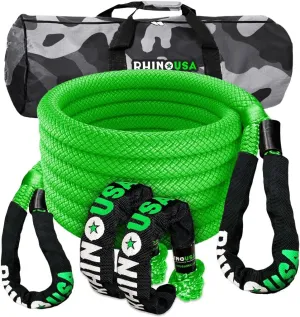 Rhino USA Kinetic Rope Recovery Kit (7/8in x 30ft) - Heavy Duty Offroad Snatch Strap - Includes 2 Soft Shackle for UTV, ATV, Truck, Car, Jeep, Tractor