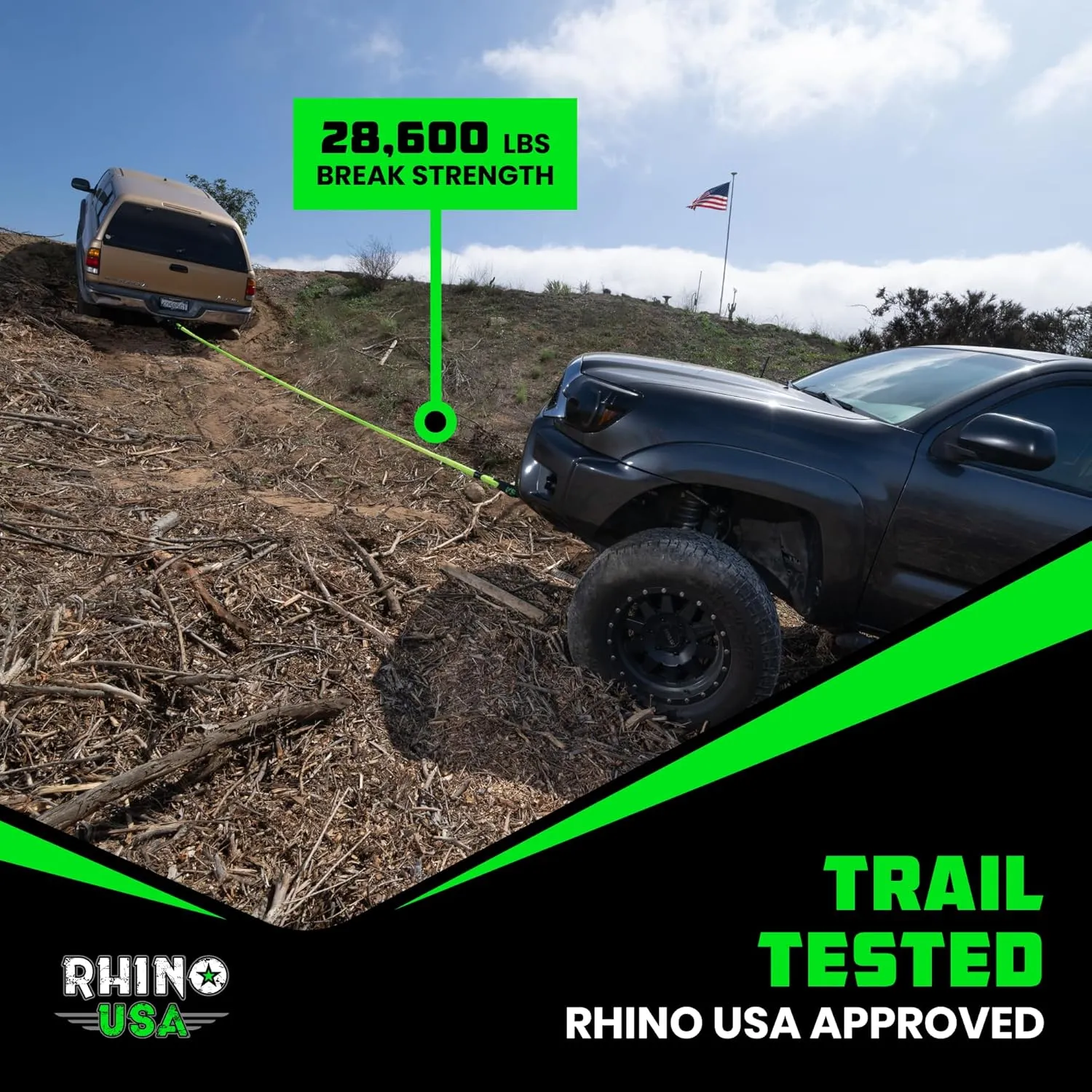 Rhino USA Kinetic Rope Recovery Kit (7/8in x 30ft) - Heavy Duty Offroad Snatch Strap - Includes 2 Soft Shackle for UTV, ATV, Truck, Car, Jeep, Tractor