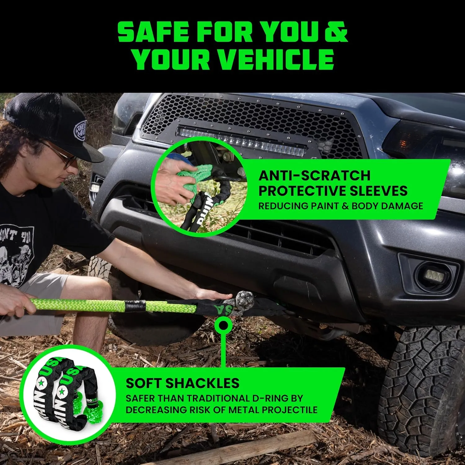 Rhino USA Kinetic Rope Recovery Kit (7/8in x 30ft) - Heavy Duty Offroad Snatch Strap - Includes 2 Soft Shackle for UTV, ATV, Truck, Car, Jeep, Tractor