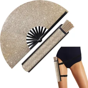 Ripeng 13" Glitter Large Rave Folding Hand Fan Clack Rave Fan for Women with Leg Strap and Fabric Case Bag for Dance, Edm
