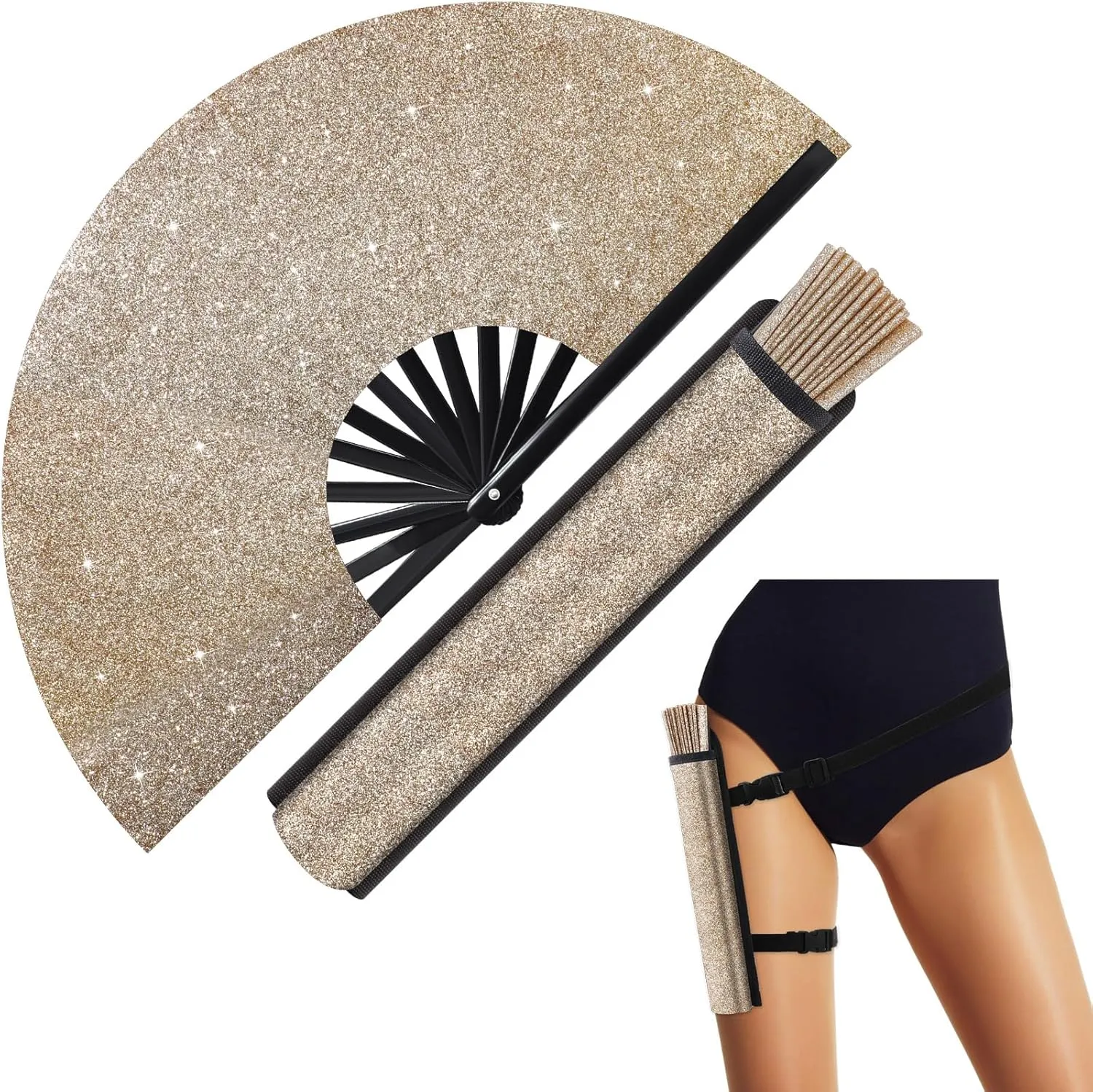 Ripeng 13" Glitter Large Rave Folding Hand Fan Clack Rave Fan for Women with Leg Strap and Fabric Case Bag for Dance, Edm