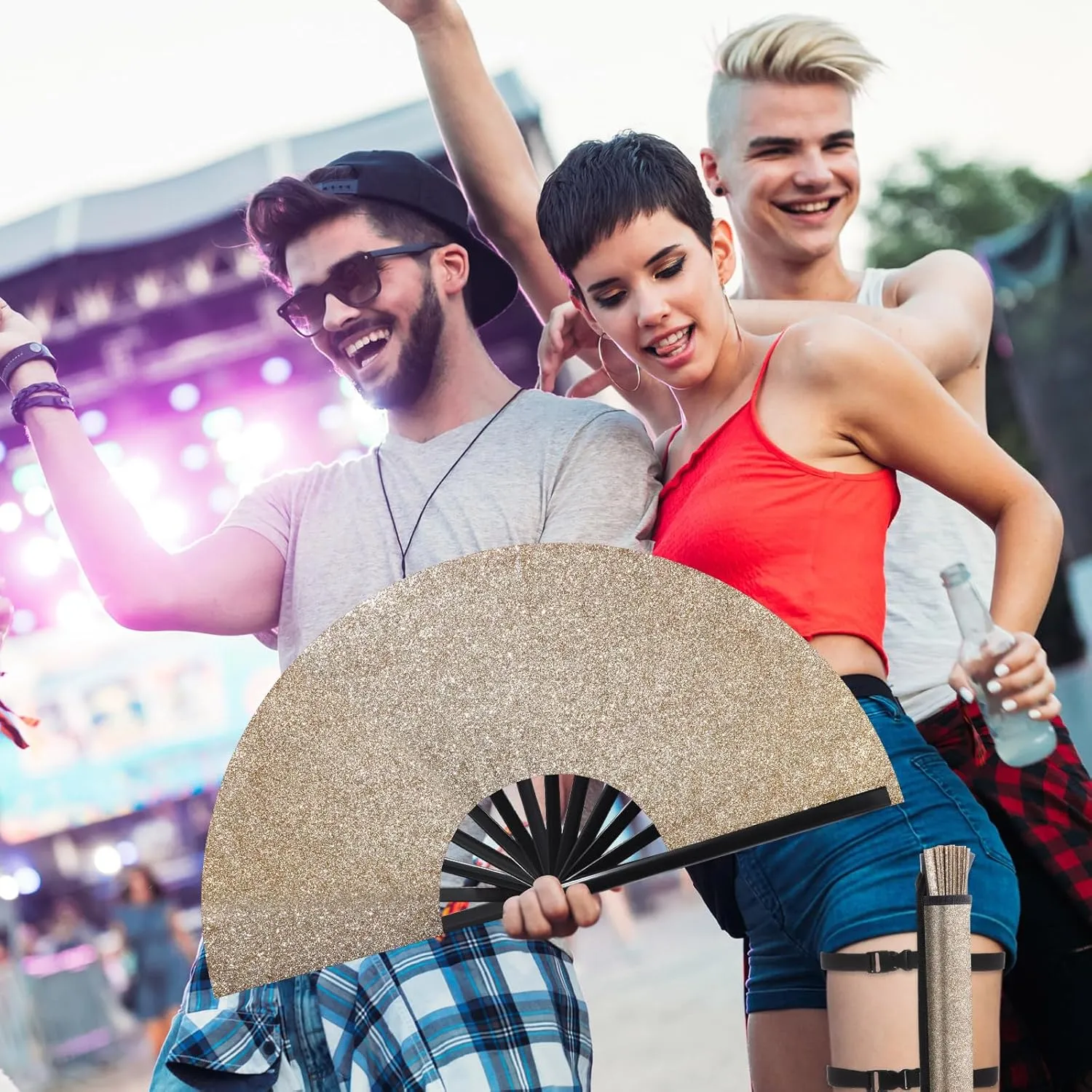 Ripeng 13" Glitter Large Rave Folding Hand Fan Clack Rave Fan for Women with Leg Strap and Fabric Case Bag for Dance, Edm