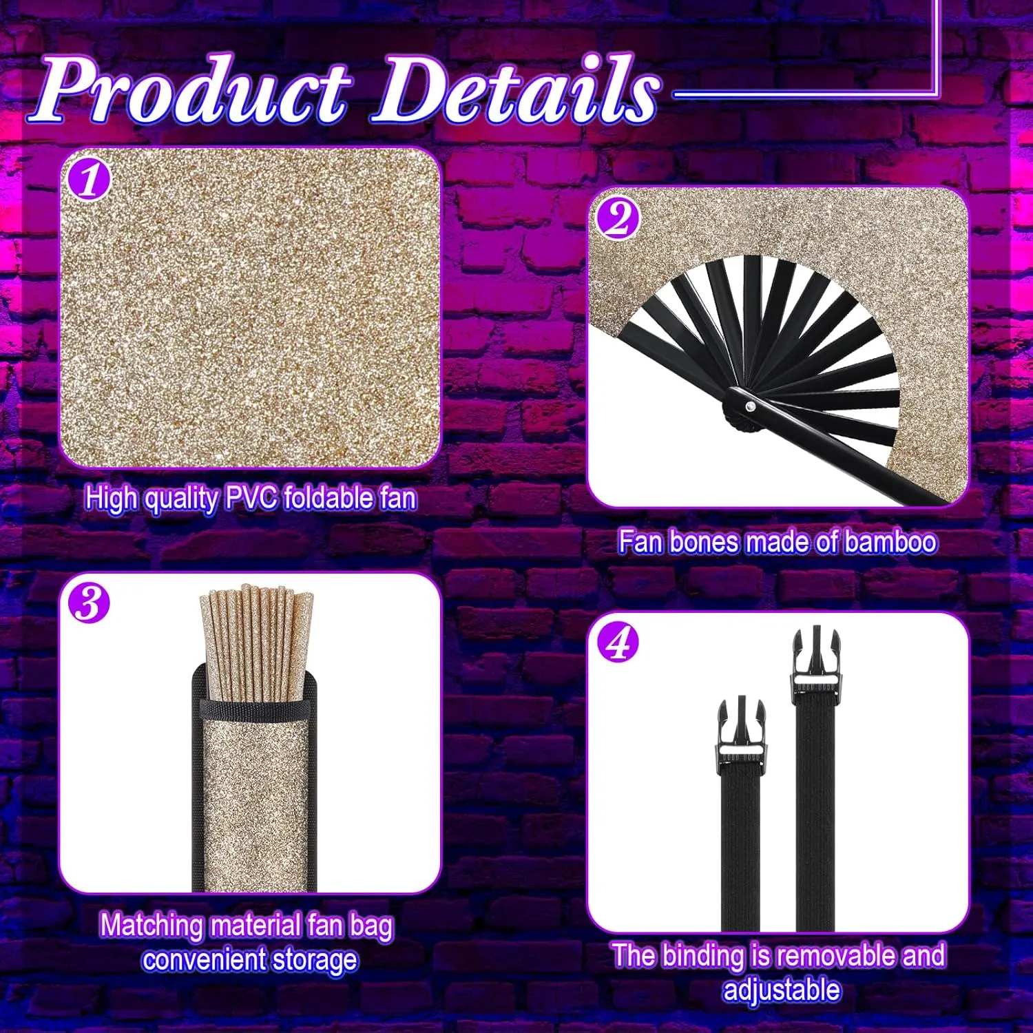 Ripeng 13" Glitter Large Rave Folding Hand Fan Clack Rave Fan for Women with Leg Strap and Fabric Case Bag for Dance, Edm