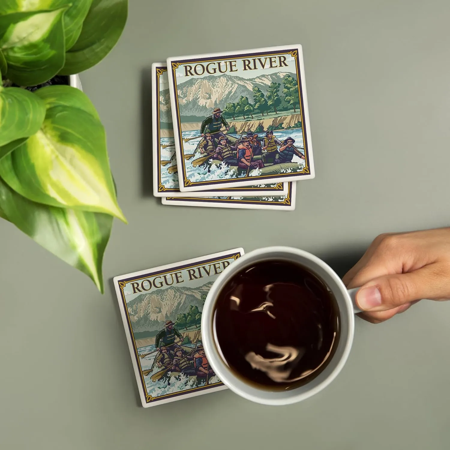 River Rafting, Rogue River, Oregon (Absorbent Ceramic Coasters Set of 4 Matching Images, Cork Back, Kitchen Table Decor)