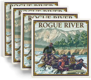 River Rafting, Rogue River, Oregon (Absorbent Ceramic Coasters Set of 4 Matching Images, Cork Back, Kitchen Table Decor)