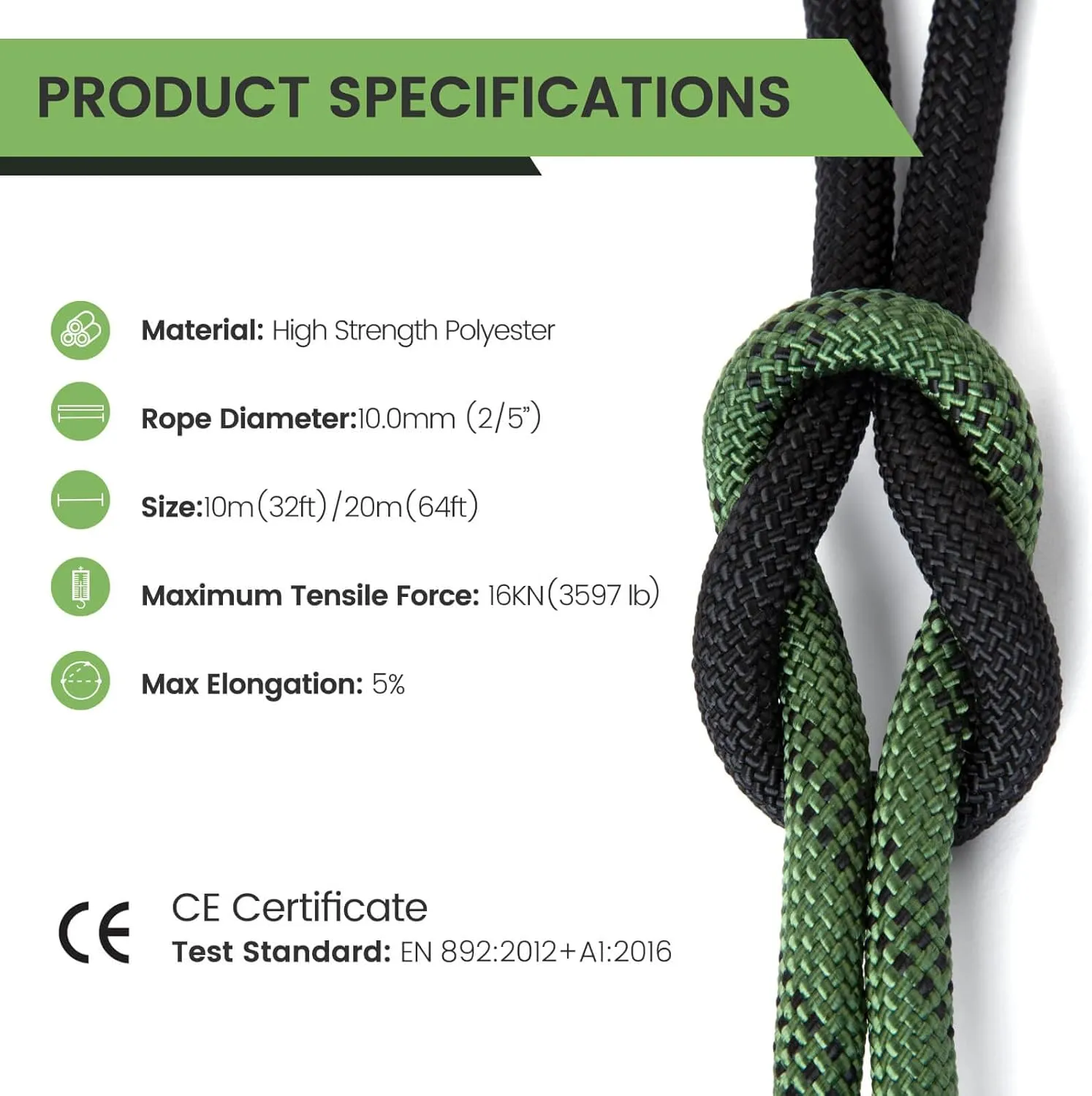 Rock Climbing Rope, Outdoor Static Climbing Rope, 10mm High Strength Safety Rope, Hiking Tree Climbing Fire Escape Rappelling Rope, Fire Rescue Rope 10M(32ft) 20M(65ft)