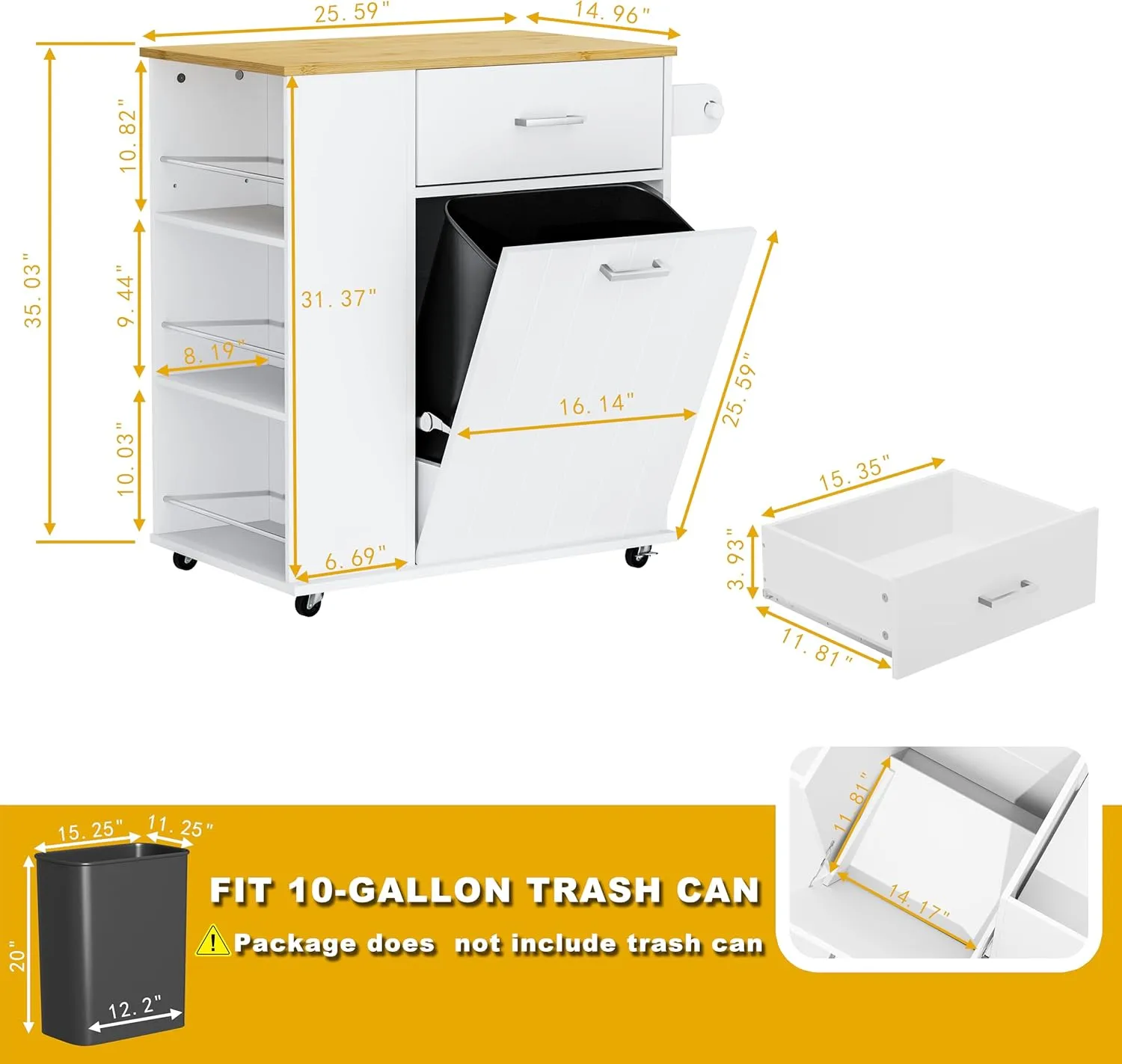 Rolling Kitchen Island with Trash Can Storage, Portable Kitchen Island on Wheels with Towel Rack & Spice Rack, Tilt Out Trash Can Cabinet with Drawer, Mobile Island Cart (White)