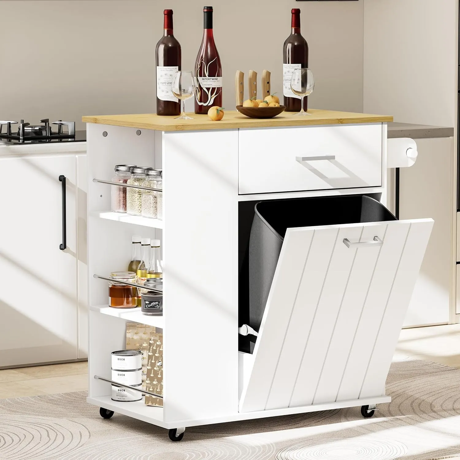 Rolling Kitchen Island with Trash Can Storage, Portable Kitchen Island on Wheels with Towel Rack & Spice Rack, Tilt Out Trash Can Cabinet with Drawer, Mobile Island Cart (White)