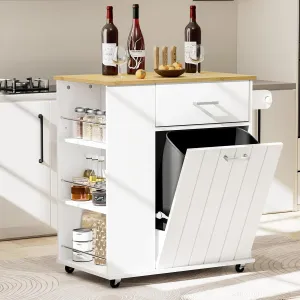 Rolling Kitchen Island with Trash Can Storage, Portable Kitchen Island on Wheels with Towel Rack & Spice Rack, Tilt Out Trash Can Cabinet with Drawer, Mobile Island Cart (White)