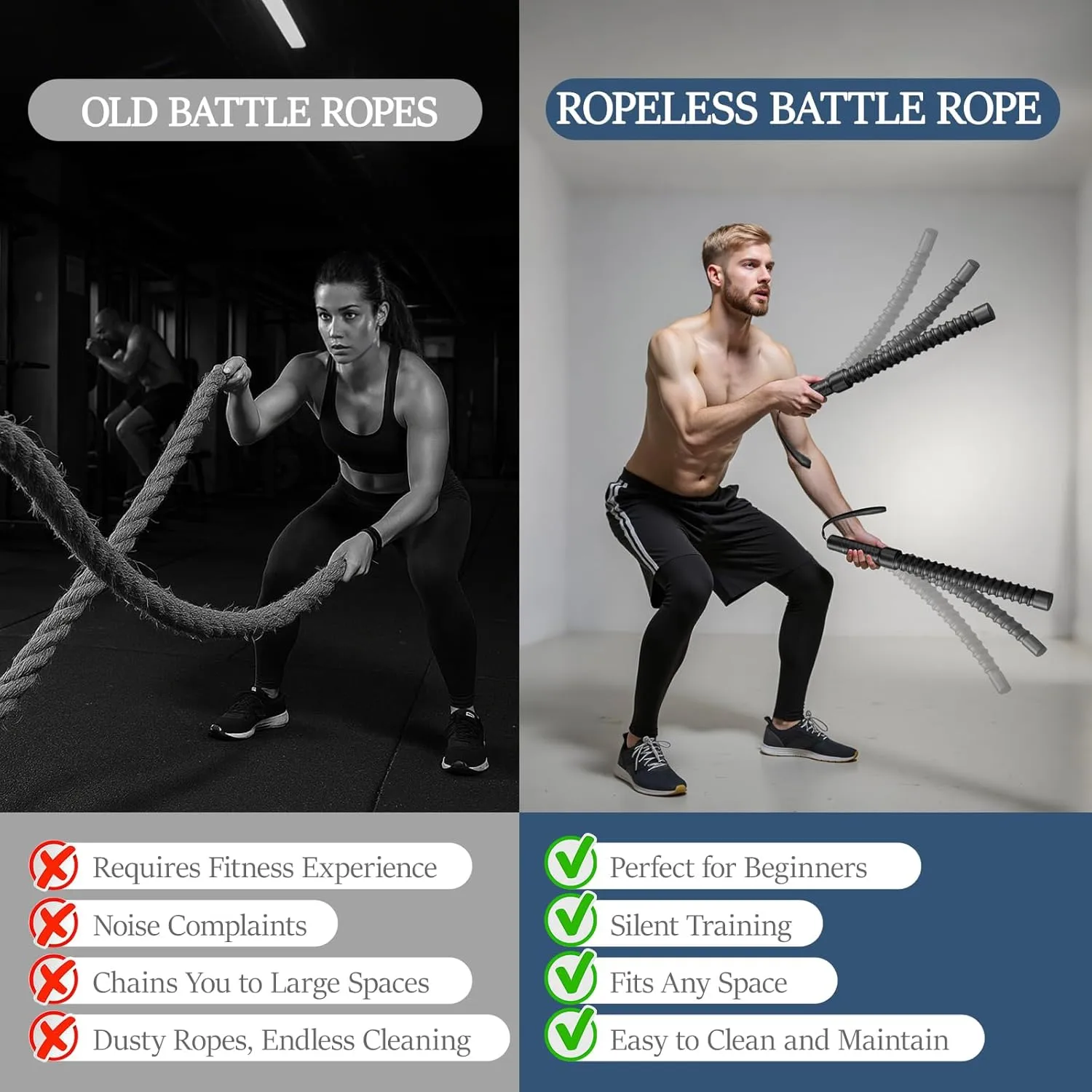Ropeless Battle Ropes for Exercise Workout Rope, Weighted Battle Rope, Portable Workout Ropes for Home Gym, Exercise Battle Ropes for HIIT Workouts, Low-Impact Cardio Training (2 Ropes)