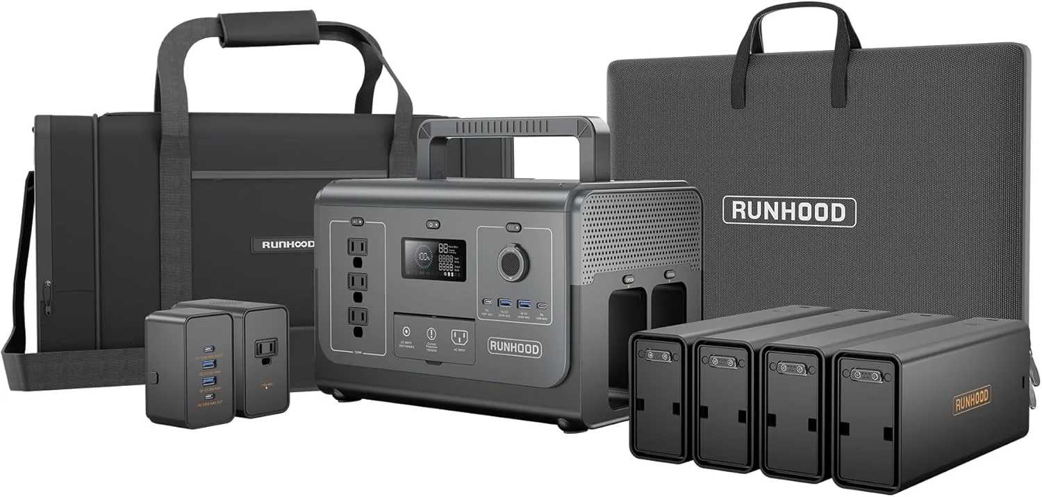 RUNHOOD Solar Generator Rallye 1200 Pro With Carrying Bag&200W Solar Panel, 1296Wh Portable Power Station Swappable&Replaceable Batteries, 3X1200W(Peak 2400W) AC oulets for Outdoors Camping/RVs/CPAP