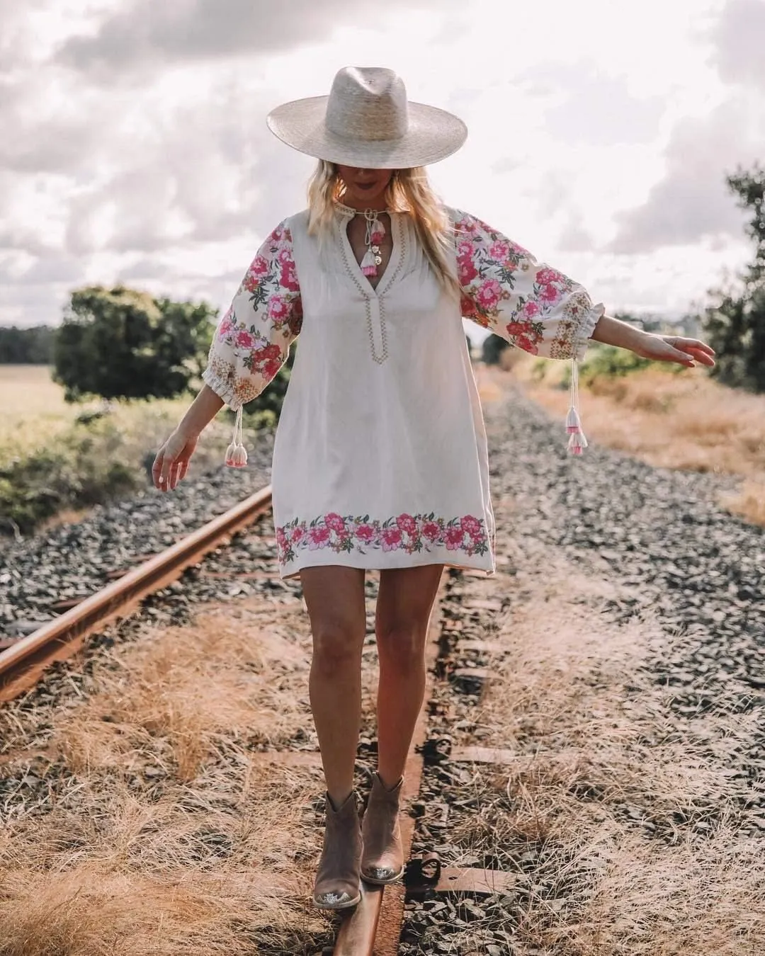 R.Vivimos Women's Autumn 3/4 Sleeve Cotton V Neck Floral Embroidery Casual Tunic Dresses