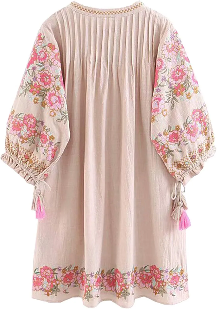 R.Vivimos Women's Autumn 3/4 Sleeve Cotton V Neck Floral Embroidery Casual Tunic Dresses