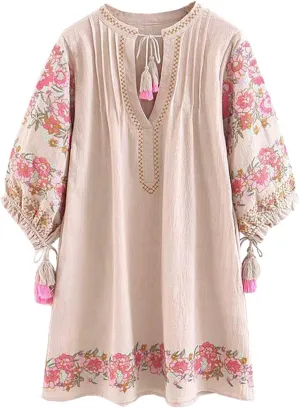 R.Vivimos Women's Autumn 3/4 Sleeve Cotton V Neck Floral Embroidery Casual Tunic Dresses