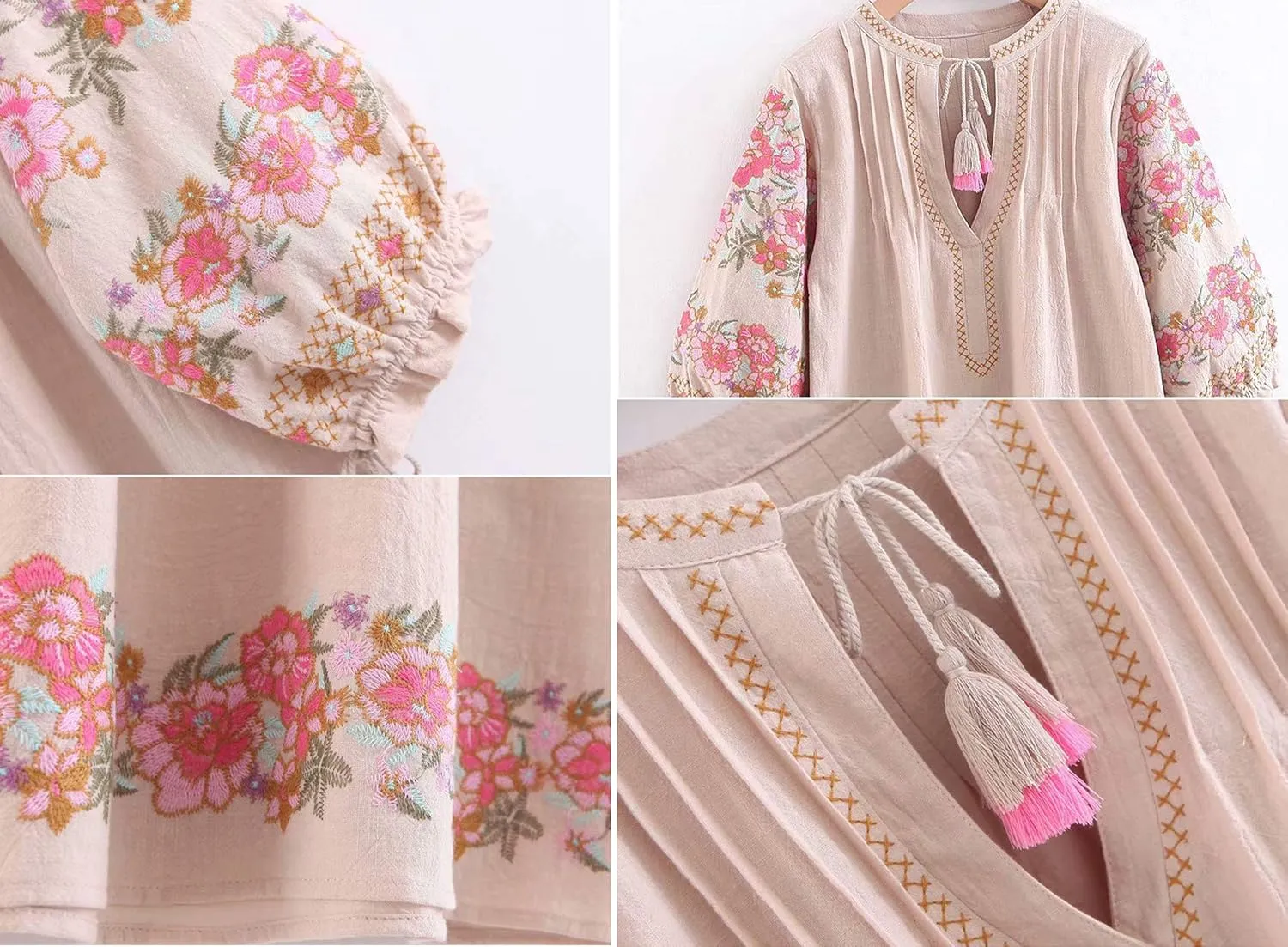 R.Vivimos Women's Autumn 3/4 Sleeve Cotton V Neck Floral Embroidery Casual Tunic Dresses