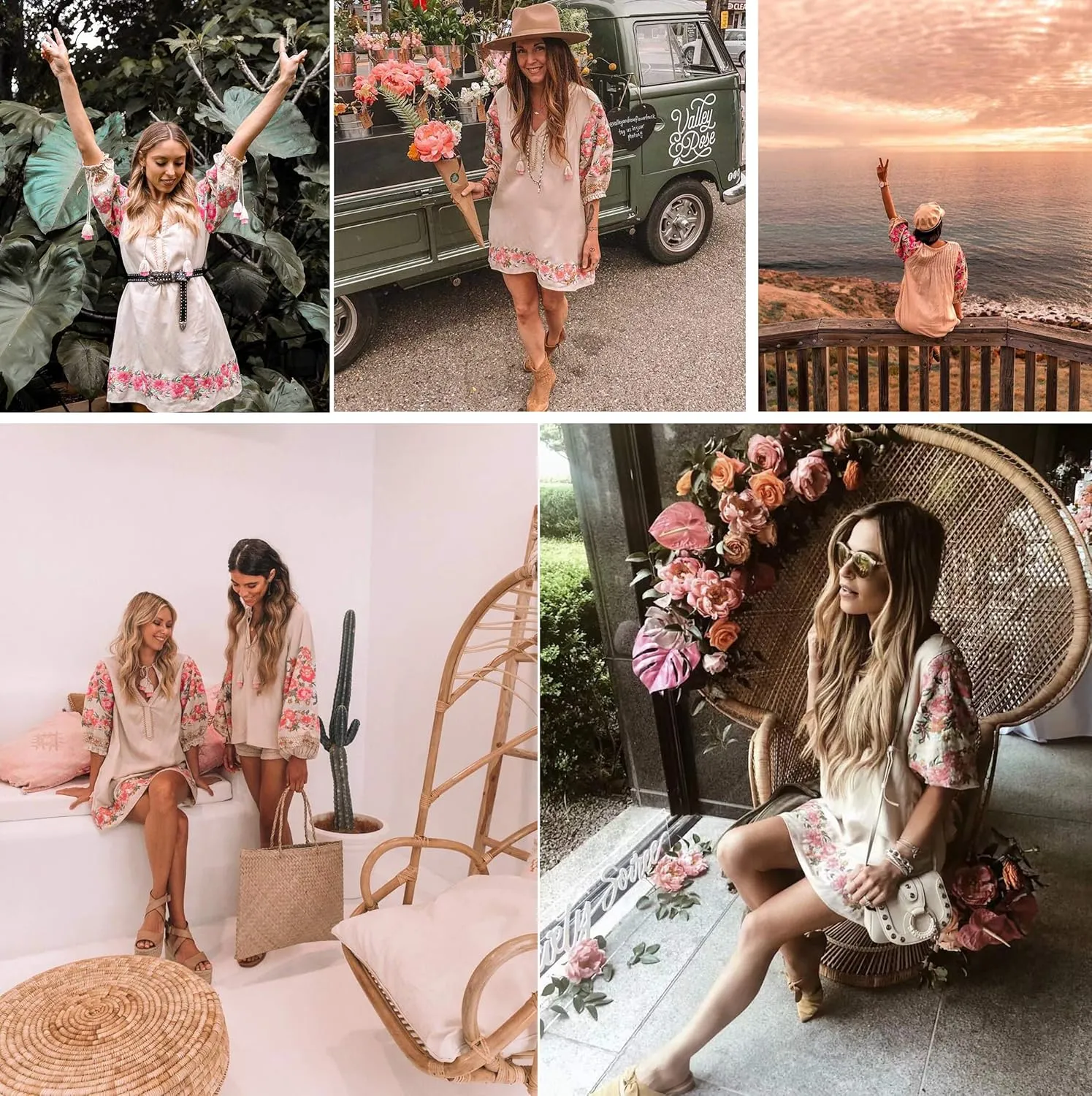 R.Vivimos Women's Autumn 3/4 Sleeve Cotton V Neck Floral Embroidery Casual Tunic Dresses