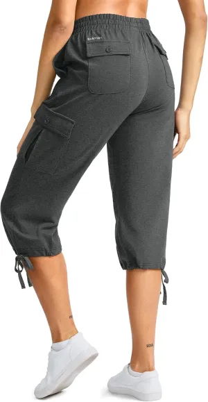 SANTINY Womens Cotton Cargo Capris Soft Stretch Drawstring Travel Casual Capri Pants for Women with 6 Pockets