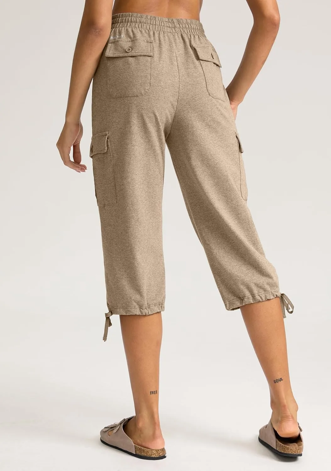 SANTINY Womens Cotton Cargo Capris Soft Stretch Drawstring Travel Casual Capri Pants for Women with 6 Pockets
