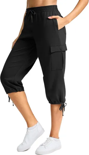 SANTINY Womens Cotton Cargo Capris Soft Stretch Drawstring Travel Casual Capri Pants for Women with 6 Pockets
