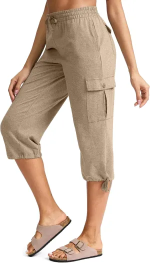 SANTINY Womens Cotton Cargo Capris Soft Stretch Drawstring Travel Casual Capri Pants for Women with 6 Pockets