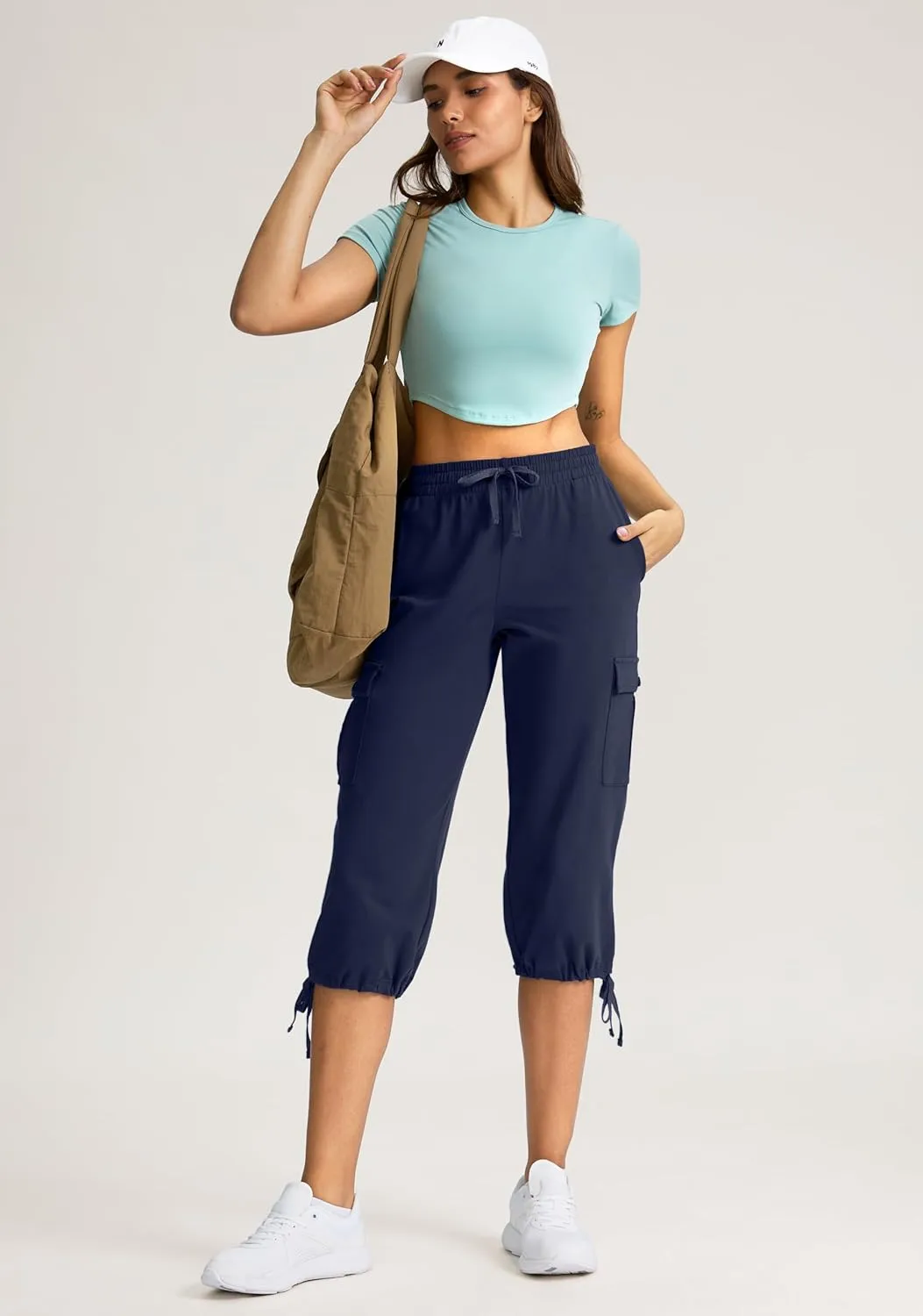 SANTINY Womens Cotton Cargo Capris Soft Stretch Drawstring Travel Casual Capri Pants for Women with 6 Pockets