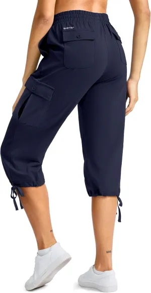 SANTINY Womens Cotton Cargo Capris Soft Stretch Drawstring Travel Casual Capri Pants for Women with 6 Pockets