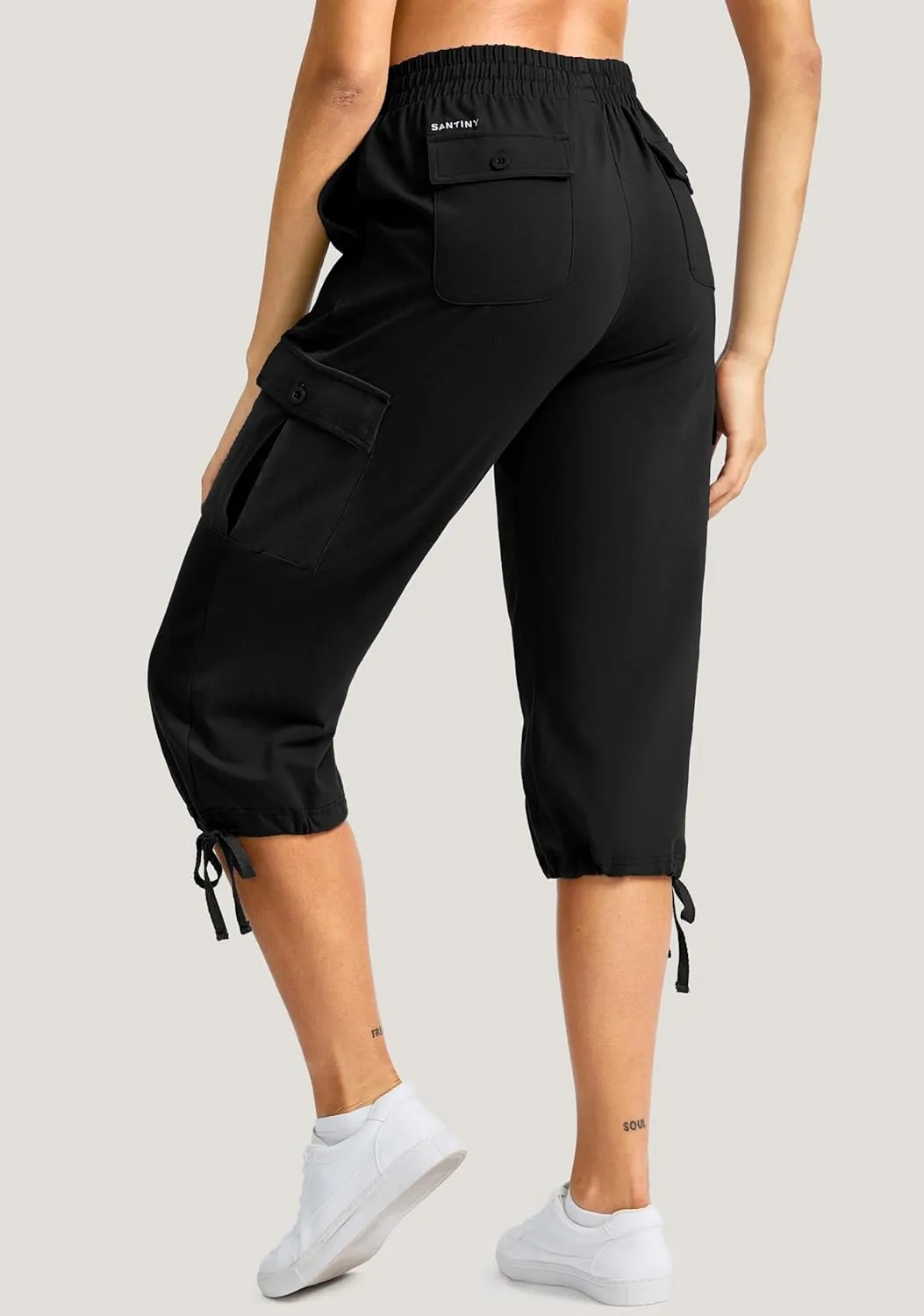 SANTINY Womens Cotton Cargo Capris Soft Stretch Drawstring Travel Casual Capri Pants for Women with 6 Pockets