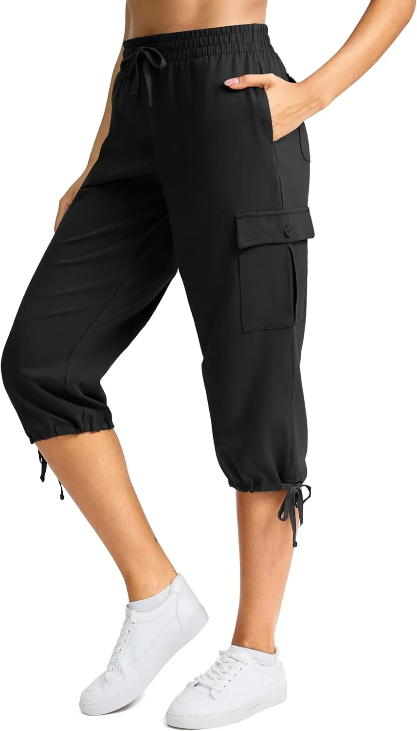 SANTINY Womens Cotton Cargo Capris Soft Stretch Drawstring Travel Casual Capri Pants for Women with 6 Pockets