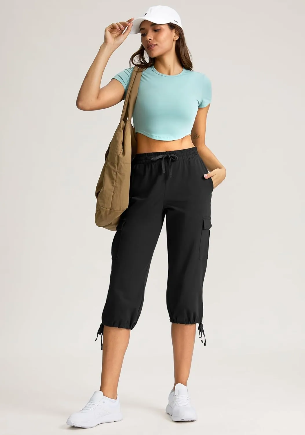 SANTINY Womens Cotton Cargo Capris Soft Stretch Drawstring Travel Casual Capri Pants for Women with 6 Pockets
