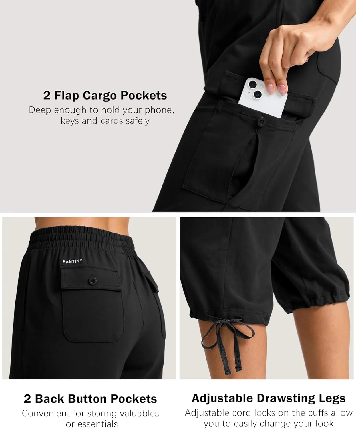 SANTINY Womens Cotton Cargo Capris Soft Stretch Drawstring Travel Casual Capri Pants for Women with 6 Pockets