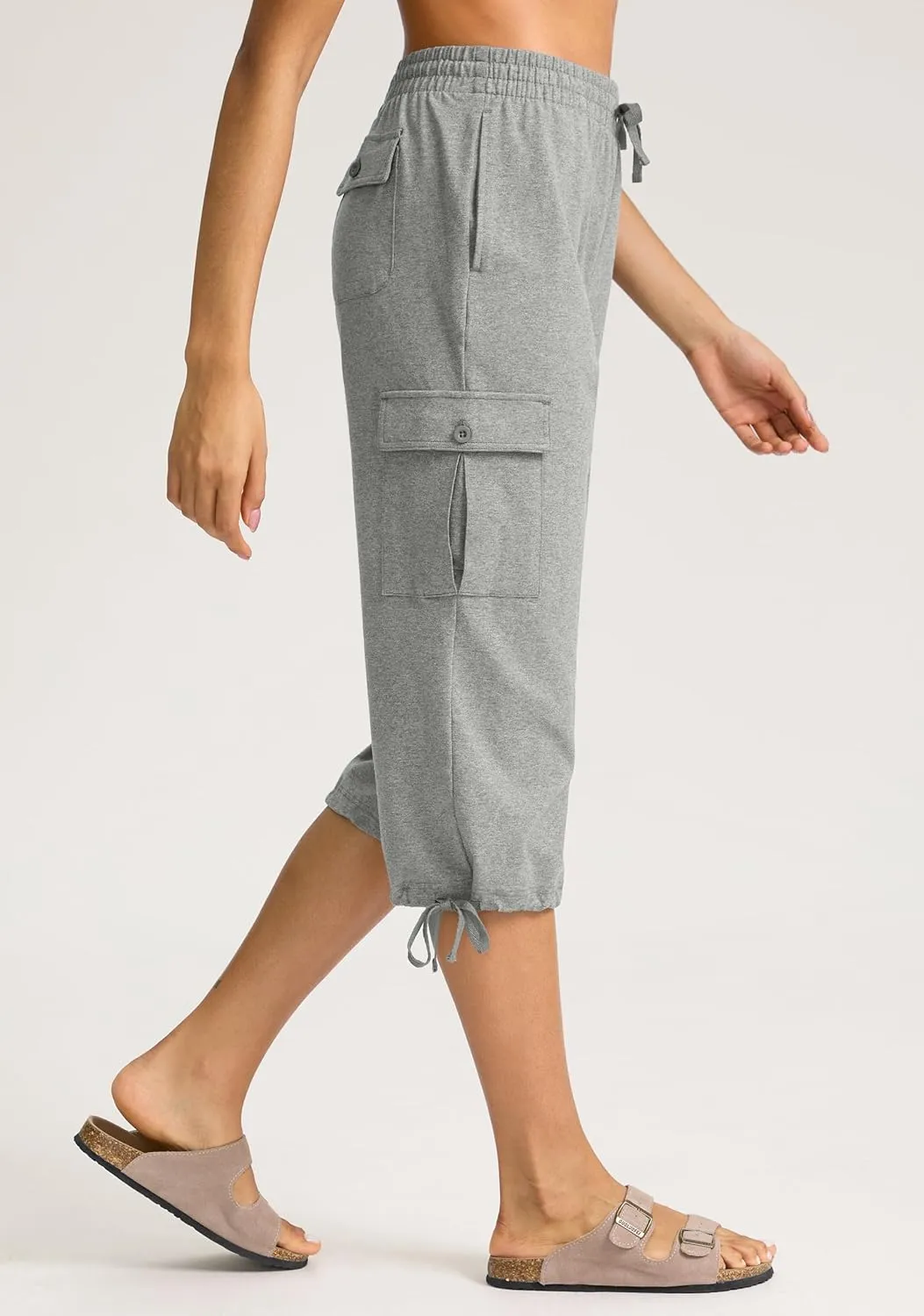 SANTINY Womens Cotton Cargo Capris Soft Stretch Drawstring Travel Casual Capri Pants for Women with 6 Pockets