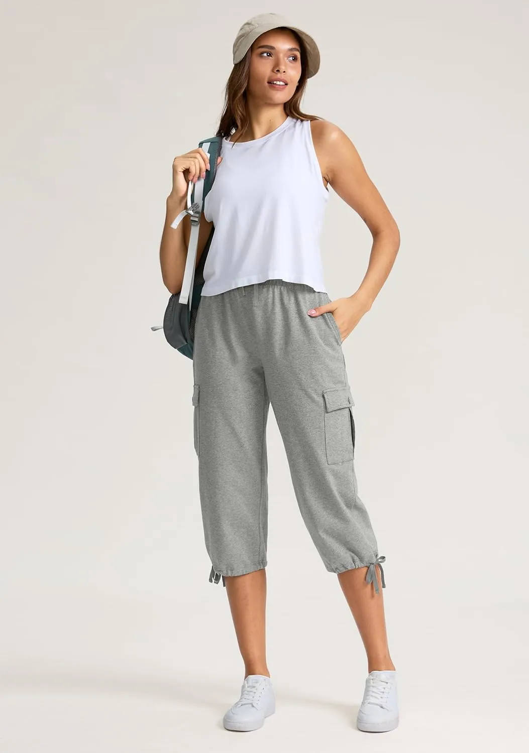 SANTINY Womens Cotton Cargo Capris Soft Stretch Drawstring Travel Casual Capri Pants for Women with 6 Pockets