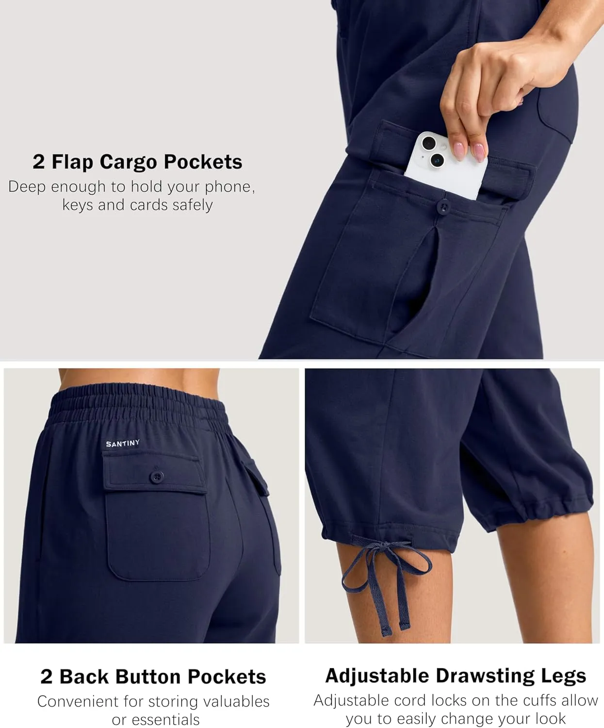 SANTINY Womens Cotton Cargo Capris Soft Stretch Drawstring Travel Casual Capri Pants for Women with 6 Pockets