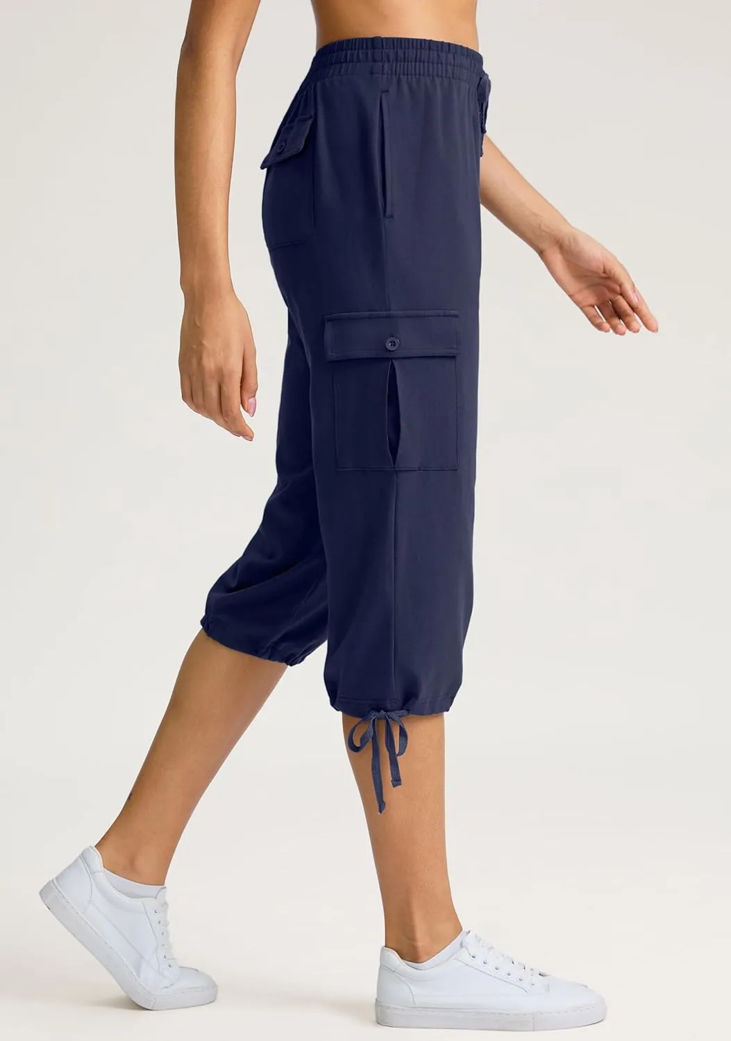 SANTINY Womens Cotton Cargo Capris Soft Stretch Drawstring Travel Casual Capri Pants for Women with 6 Pockets