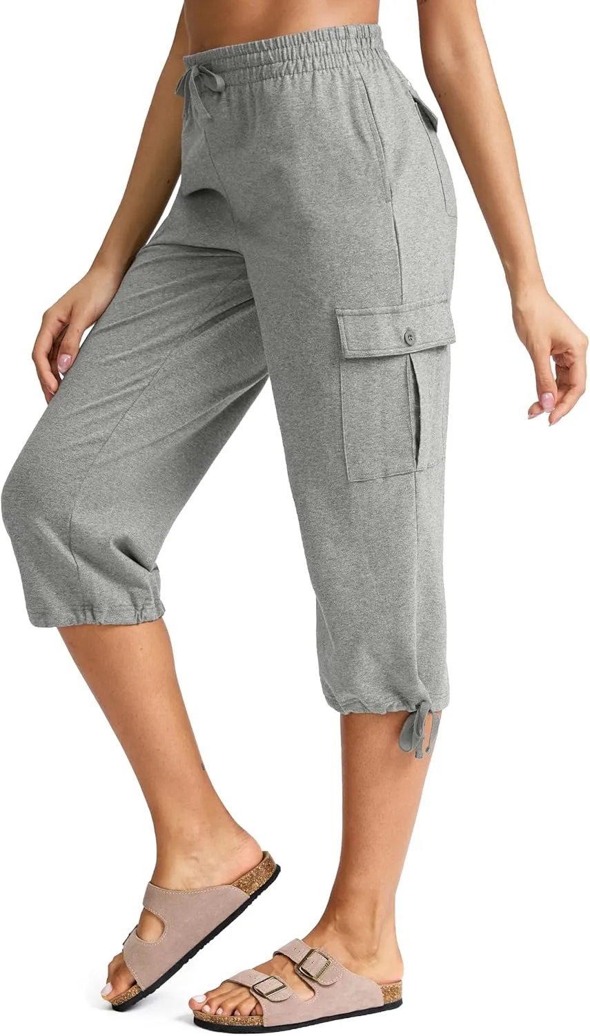SANTINY Womens Cotton Cargo Capris Soft Stretch Drawstring Travel Casual Capri Pants for Women with 6 Pockets