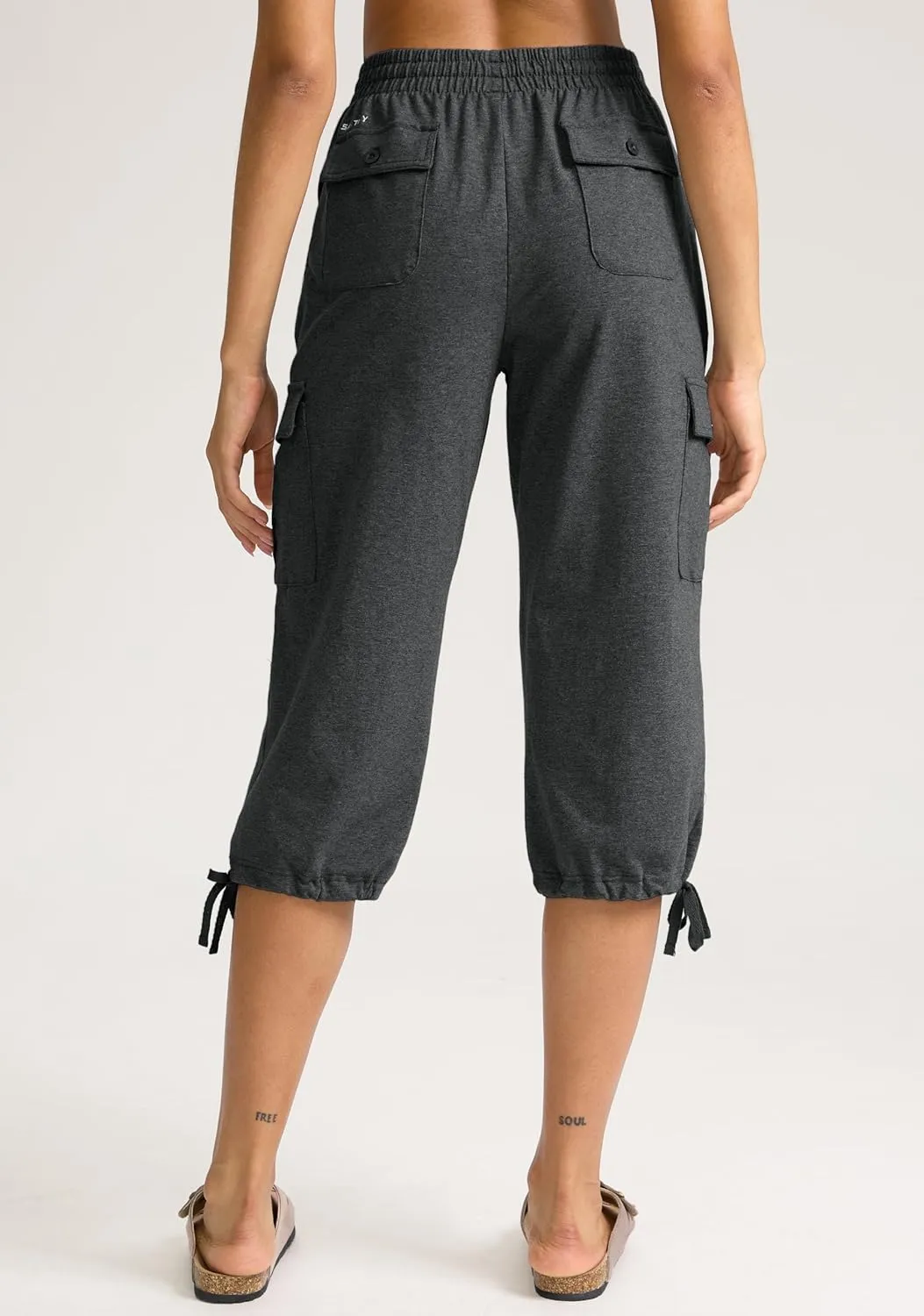 SANTINY Womens Cotton Cargo Capris Soft Stretch Drawstring Travel Casual Capri Pants for Women with 6 Pockets