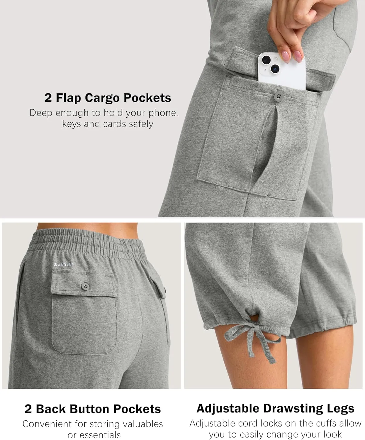 SANTINY Womens Cotton Cargo Capris Soft Stretch Drawstring Travel Casual Capri Pants for Women with 6 Pockets