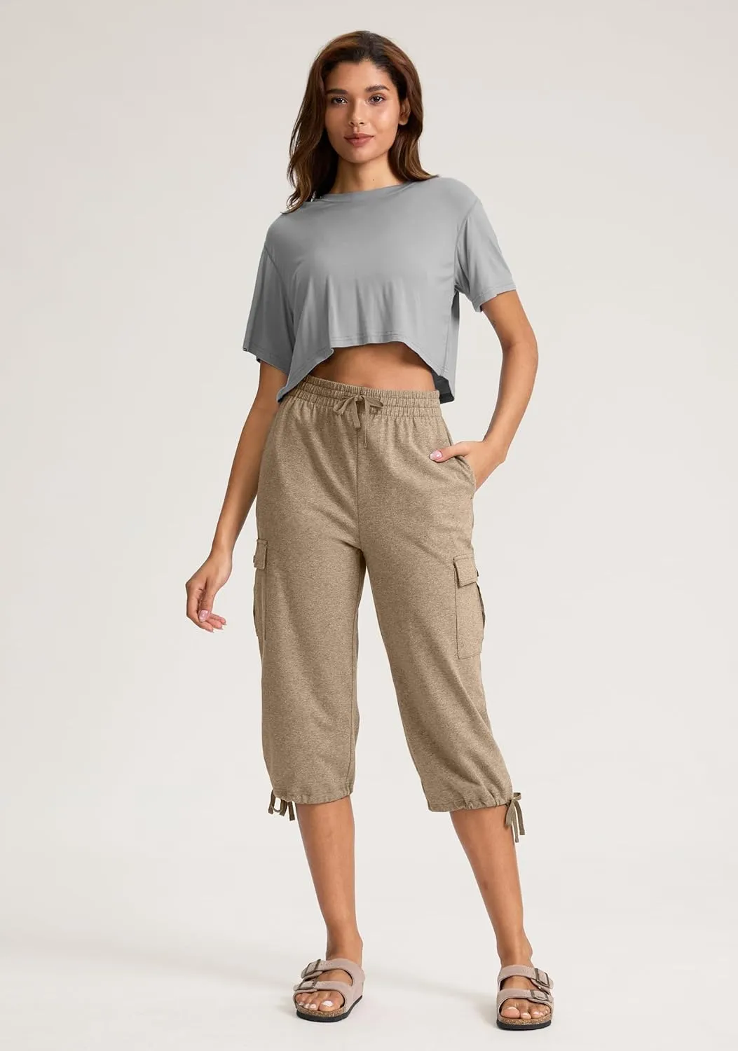 SANTINY Womens Cotton Cargo Capris Soft Stretch Drawstring Travel Casual Capri Pants for Women with 6 Pockets