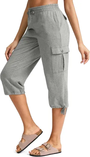SANTINY Womens Cotton Cargo Capris Soft Stretch Drawstring Travel Casual Capri Pants for Women with 6 Pockets