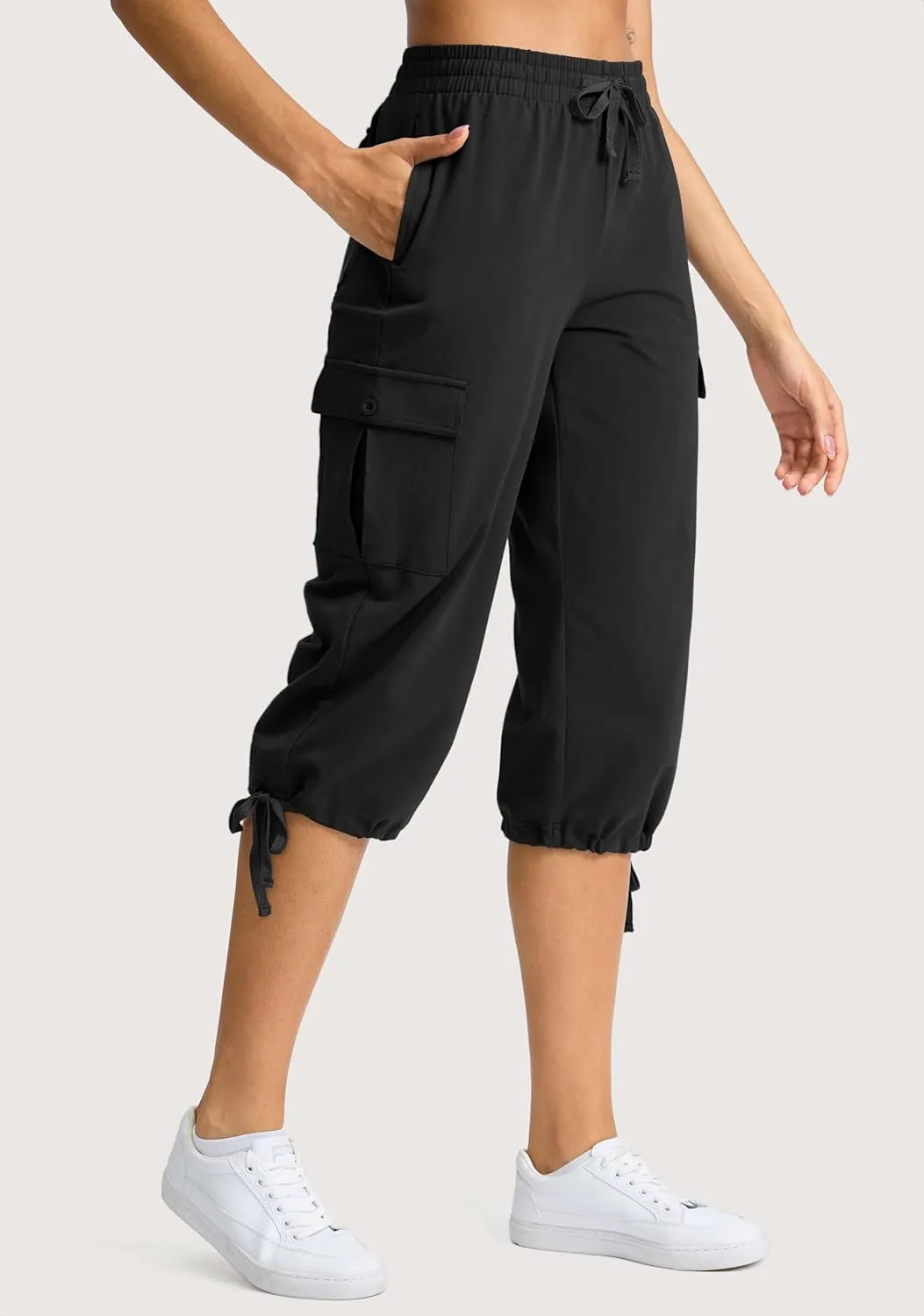 SANTINY Womens Cotton Cargo Capris Soft Stretch Drawstring Travel Casual Capri Pants for Women with 6 Pockets