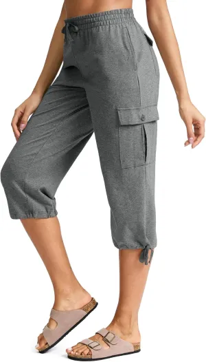SANTINY Womens Cotton Cargo Capris Soft Stretch Drawstring Travel Casual Capri Pants for Women with 6 Pockets