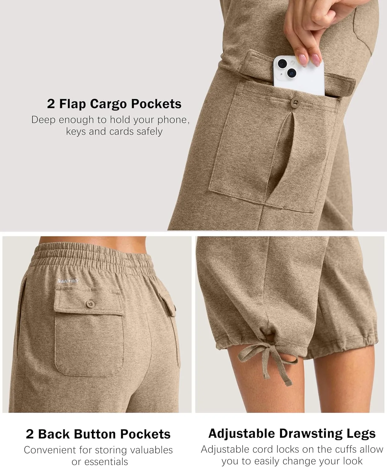 SANTINY Womens Cotton Cargo Capris Soft Stretch Drawstring Travel Casual Capri Pants for Women with 6 Pockets