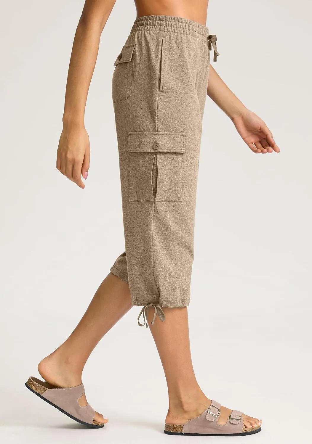 SANTINY Womens Cotton Cargo Capris Soft Stretch Drawstring Travel Casual Capri Pants for Women with 6 Pockets