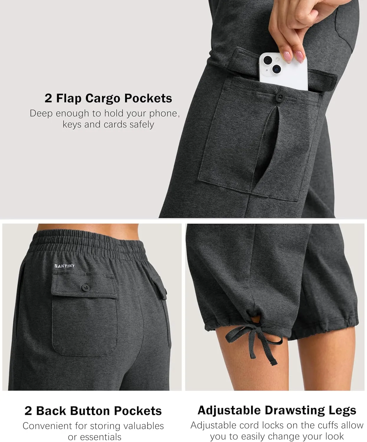 SANTINY Womens Cotton Cargo Capris Soft Stretch Drawstring Travel Casual Capri Pants for Women with 6 Pockets