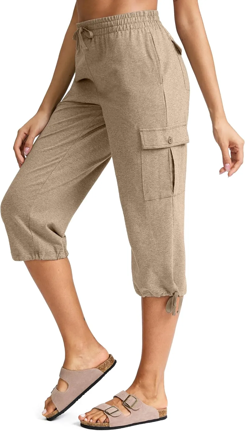 SANTINY Womens Cotton Cargo Capris Soft Stretch Drawstring Travel Casual Capri Pants for Women with 6 Pockets